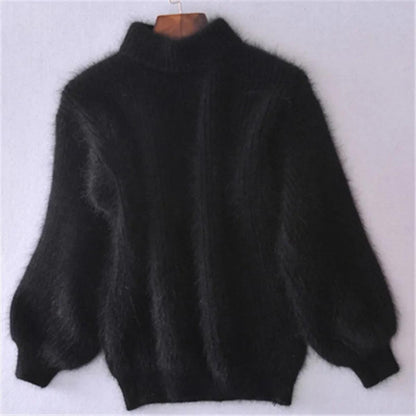 Women's Relaxed Fluffy Puff Sleeve Mock Neck Knitted Jumper