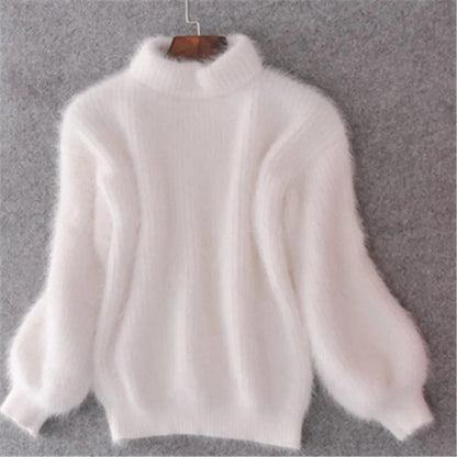 Women's Relaxed Fluffy Puff Sleeve Mock Neck Knitted Jumper