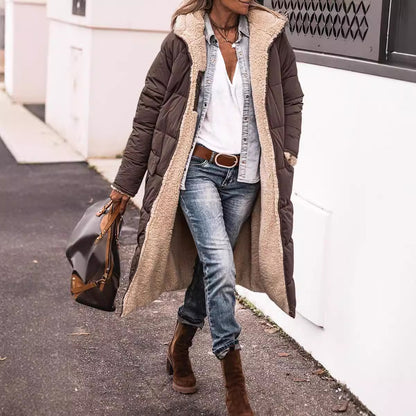 Women’s Reversible Long Quilted Fleece Winter Coat With Hood