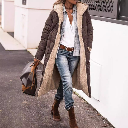 Women’s Reversible Long Quilted Fleece Winter Coat With Hood