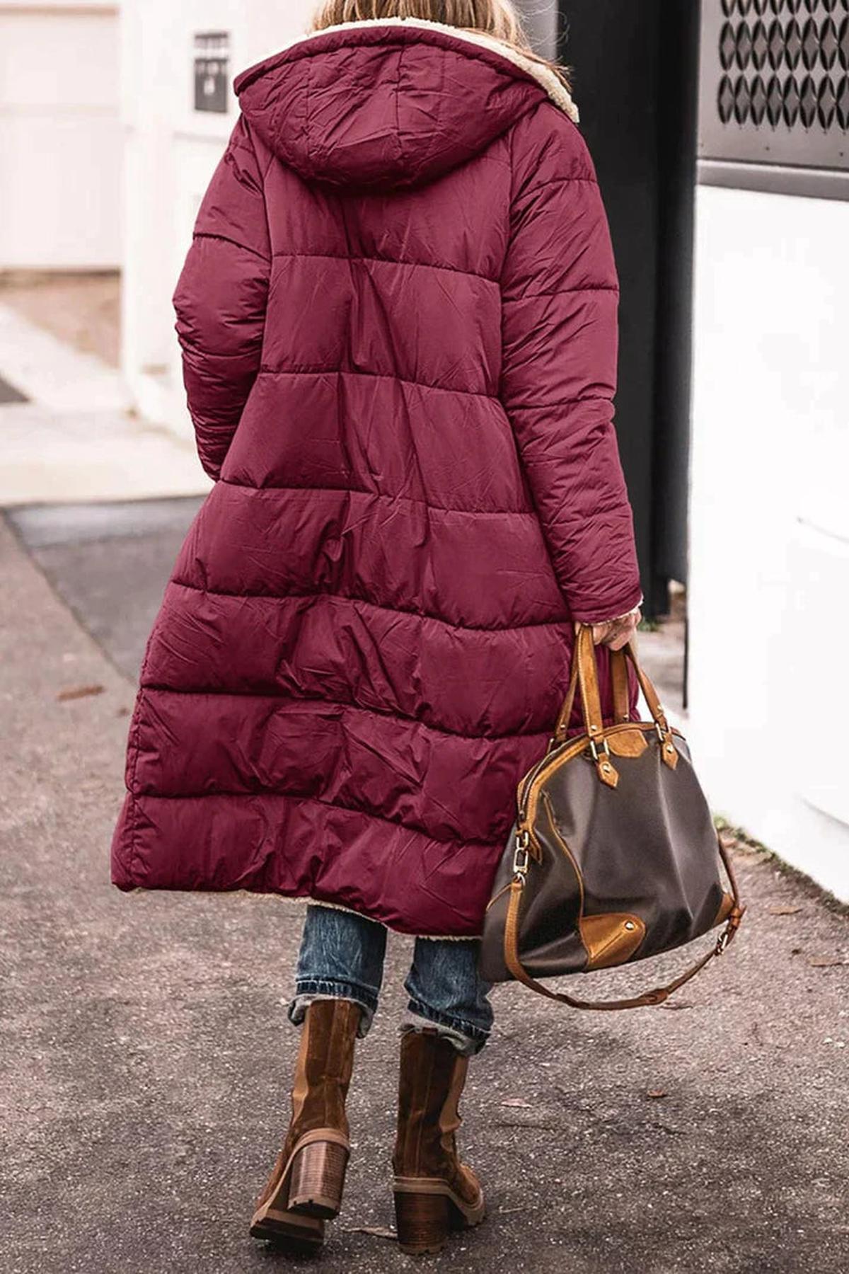 Women’s Reversible Long Quilted Fleece Winter Coat With Hood
