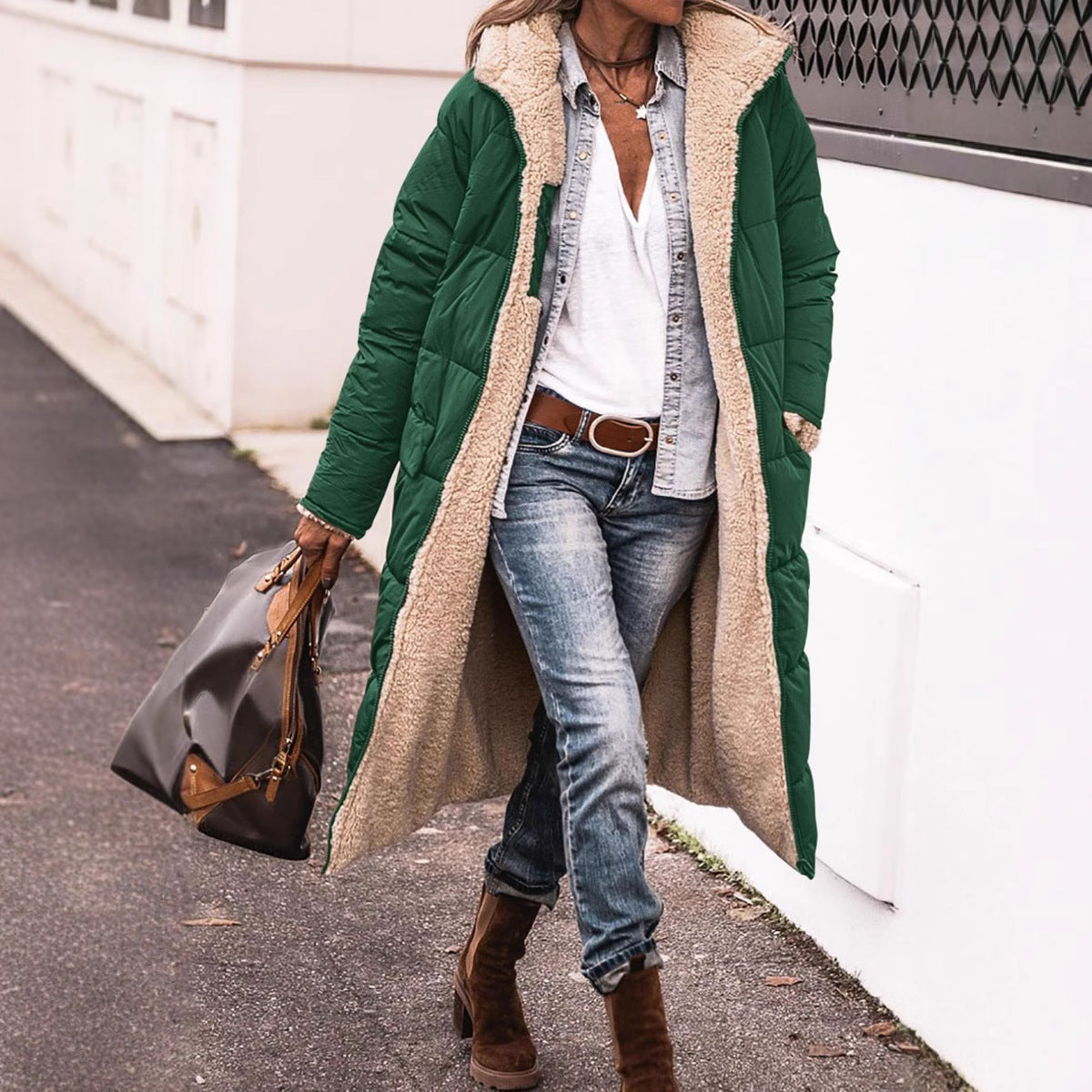 Women’s Reversible Long Quilted Fleece Winter Coat With Hood