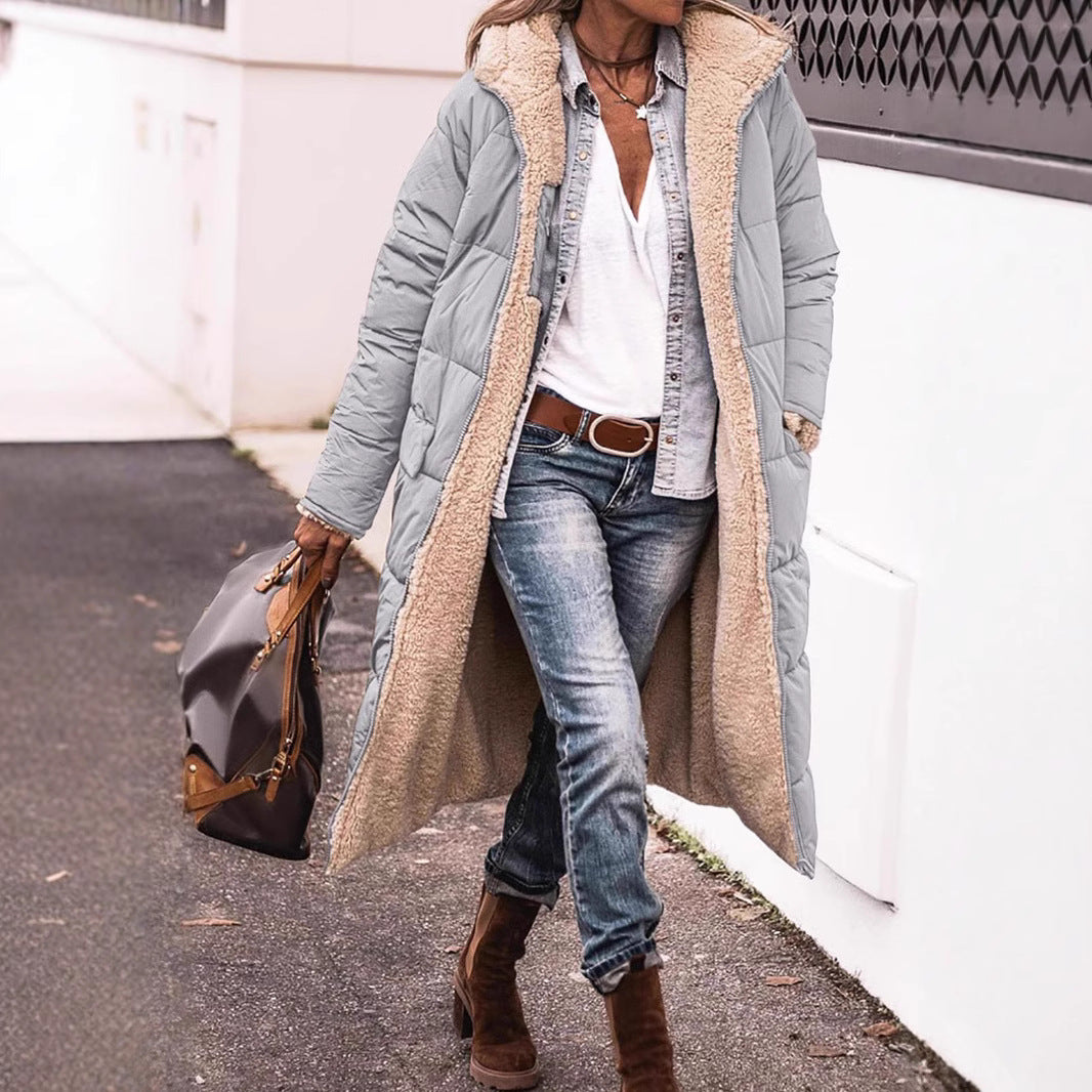 Women’s Reversible Long Quilted Fleece Winter Coat With Hood