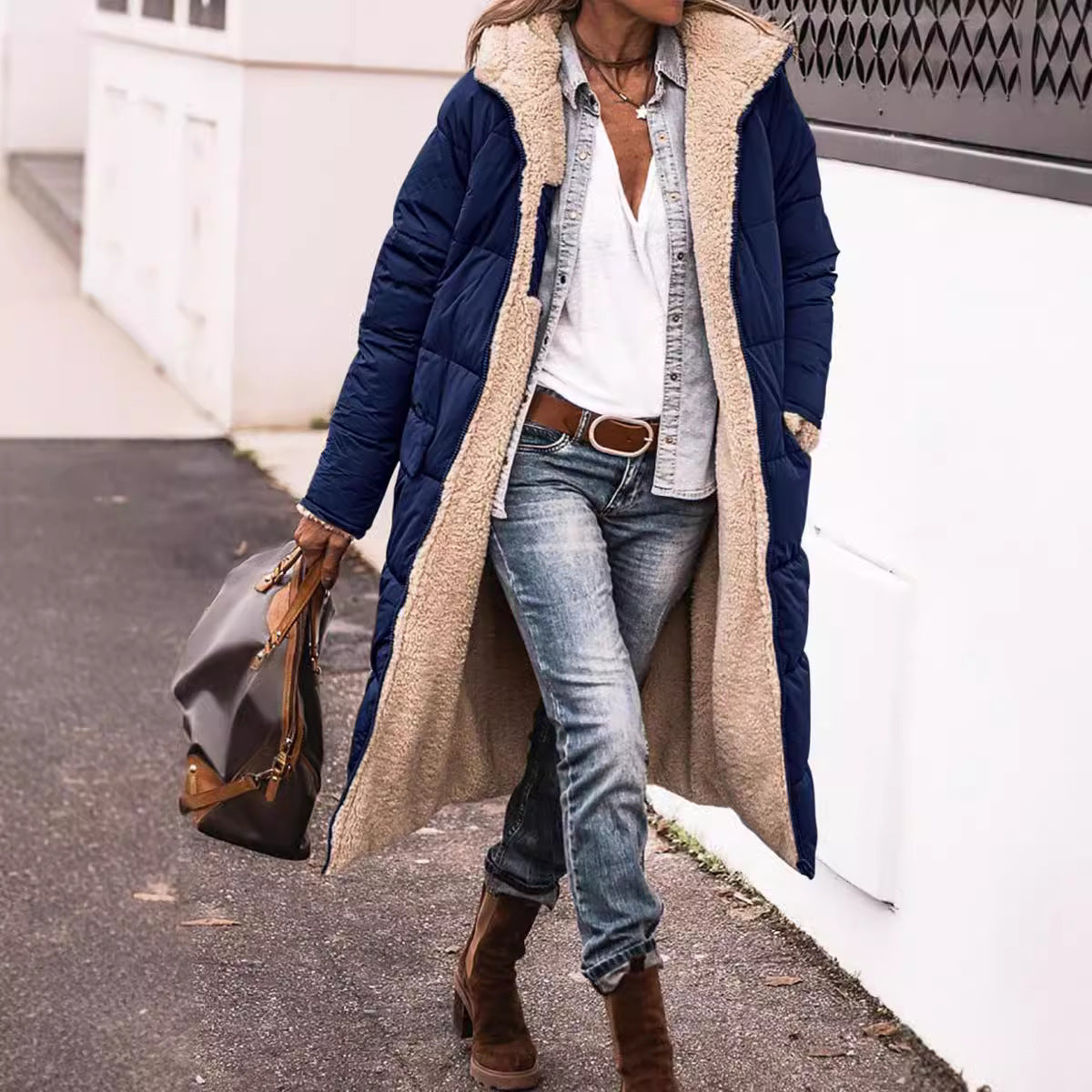 Women’s Reversible Long Quilted Fleece Winter Coat With Hood