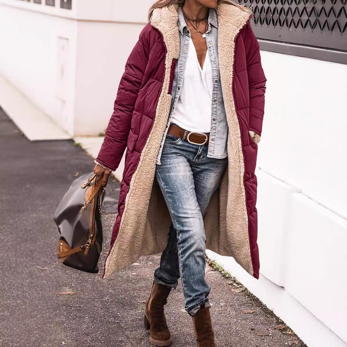 Women’s Reversible Long Quilted Fleece Winter Coat With Hood