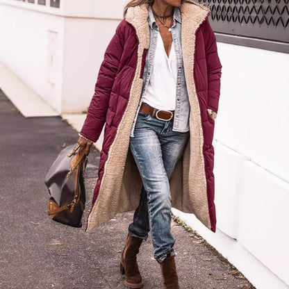 Women’s Reversible Long Quilted Fleece Winter Coat With Hood