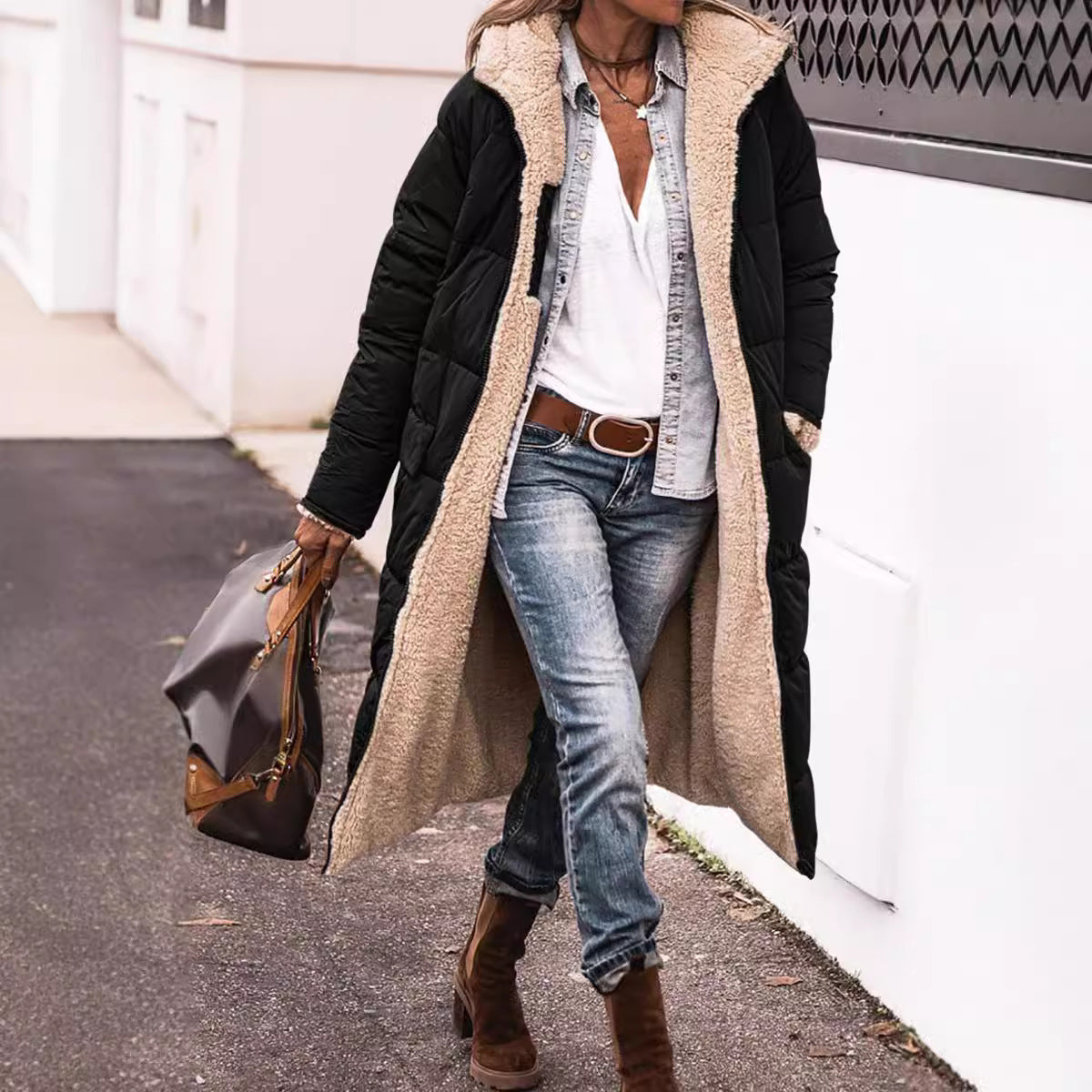 Women’s Reversible Long Quilted Fleece Winter Coat With Hood