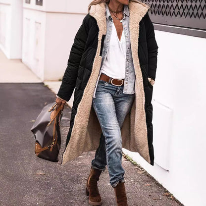 Women’s Reversible Long Quilted Fleece Winter Coat With Hood