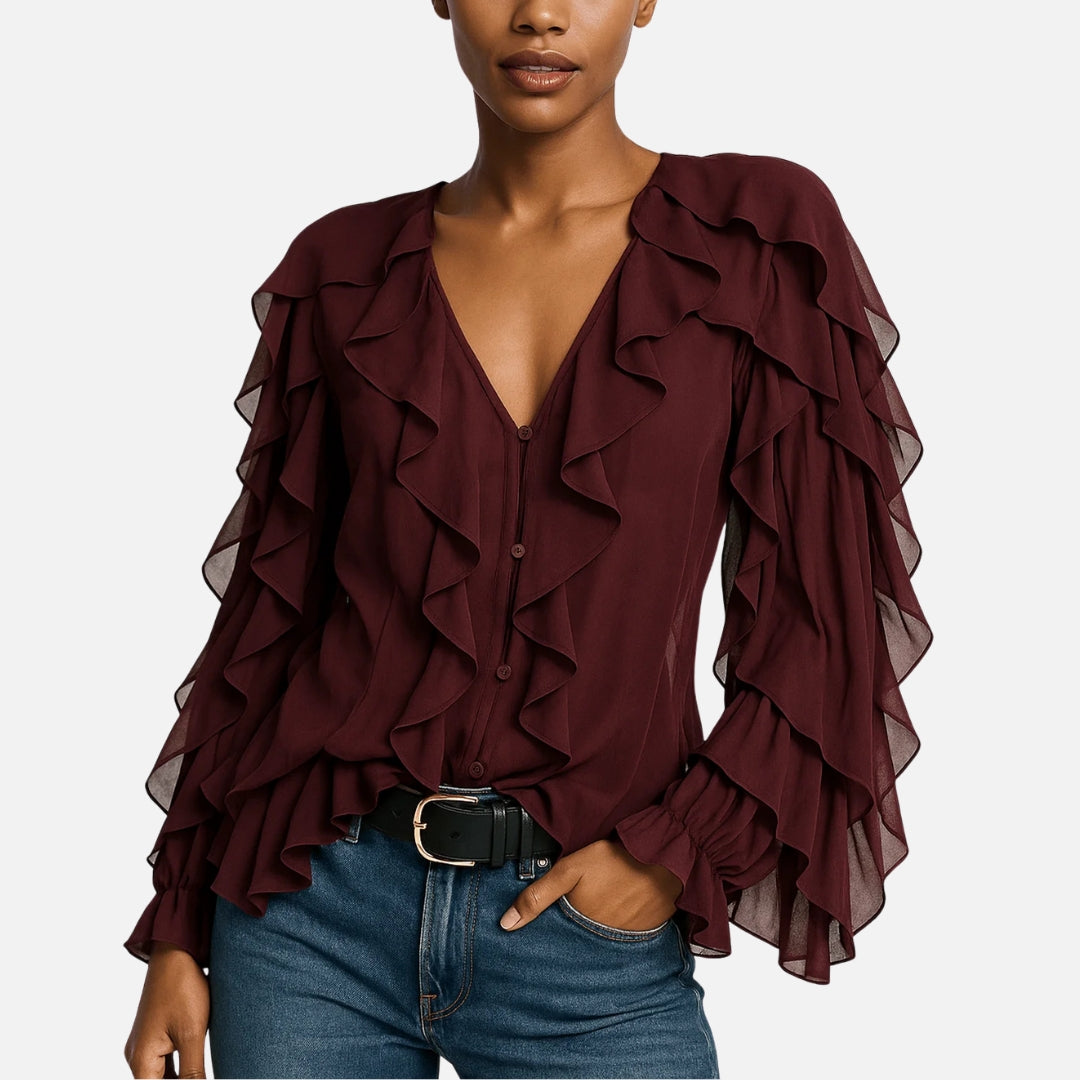 Women’s Ruffle Layered Long Sleeve Top V-Neck Blouse