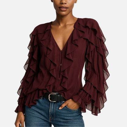 Women’s Ruffle Layered Long Sleeve Top V-Neck Blouse