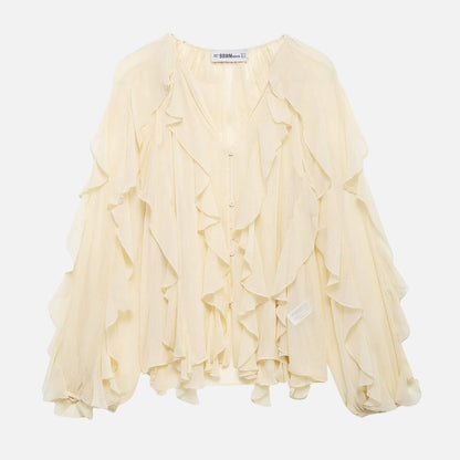 Women’s Ruffle Layered Long Sleeve Top V-Neck Blouse