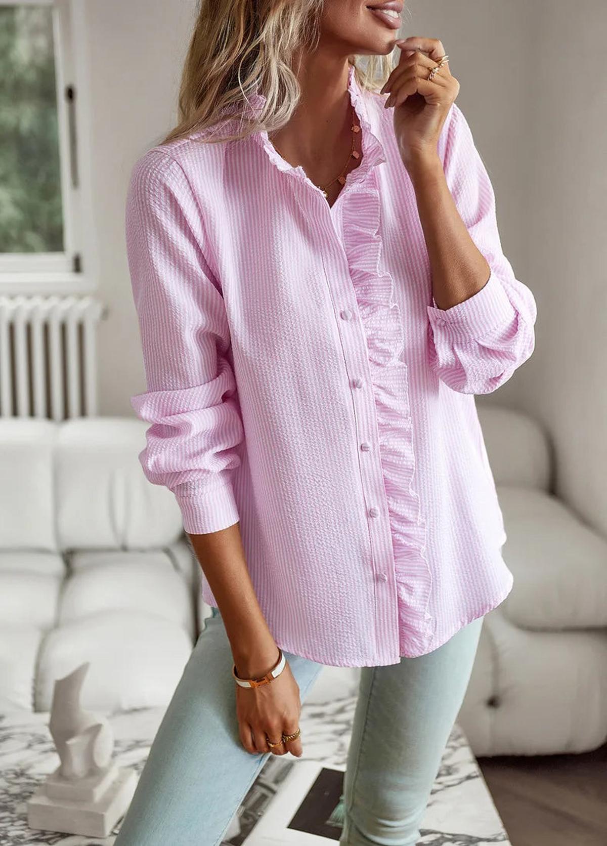 Women’s Ruffle Trim Blouse Long Sleeve Top in Stripe