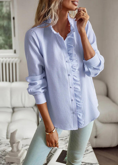 Women’s Ruffle Trim Blouse Long Sleeve Top in Stripe