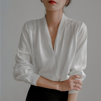 Women’s Silk Long Sleeve Top V-Neck Blouse