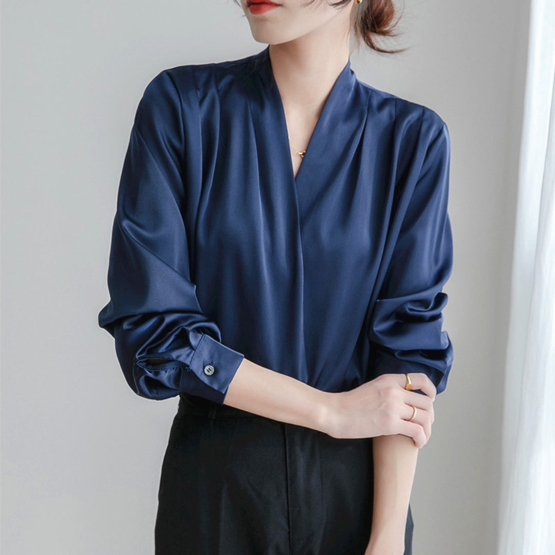 Women’s Silk Long Sleeve Top V-Neck Blouse