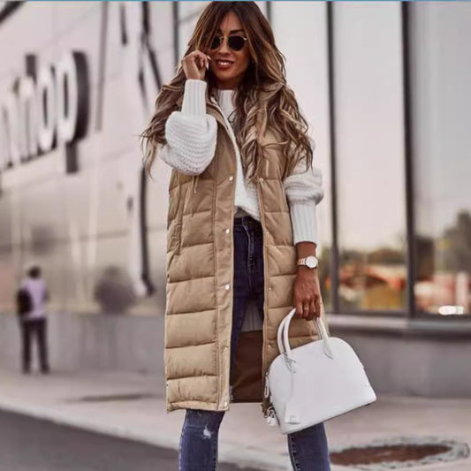 Women's Sleeveless Bodywarmer Long Hooded Padded Gilet