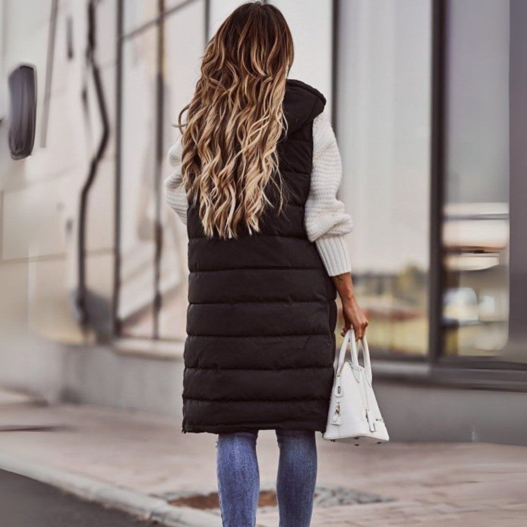 Women's Sleeveless Bodywarmer Long Hooded Padded Gilet