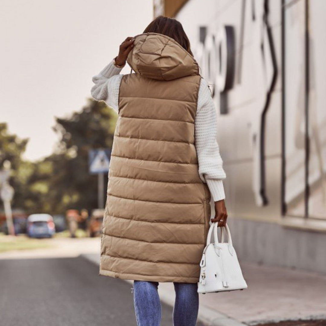 Women's Sleeveless Bodywarmer Long Hooded Padded Gilet