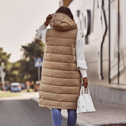 Women's Sleeveless Bodywarmer Long Hooded Padded Gilet