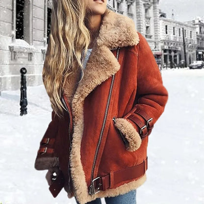 Women’s Vintage Shearling Aviator Jacket with Buckle Detail