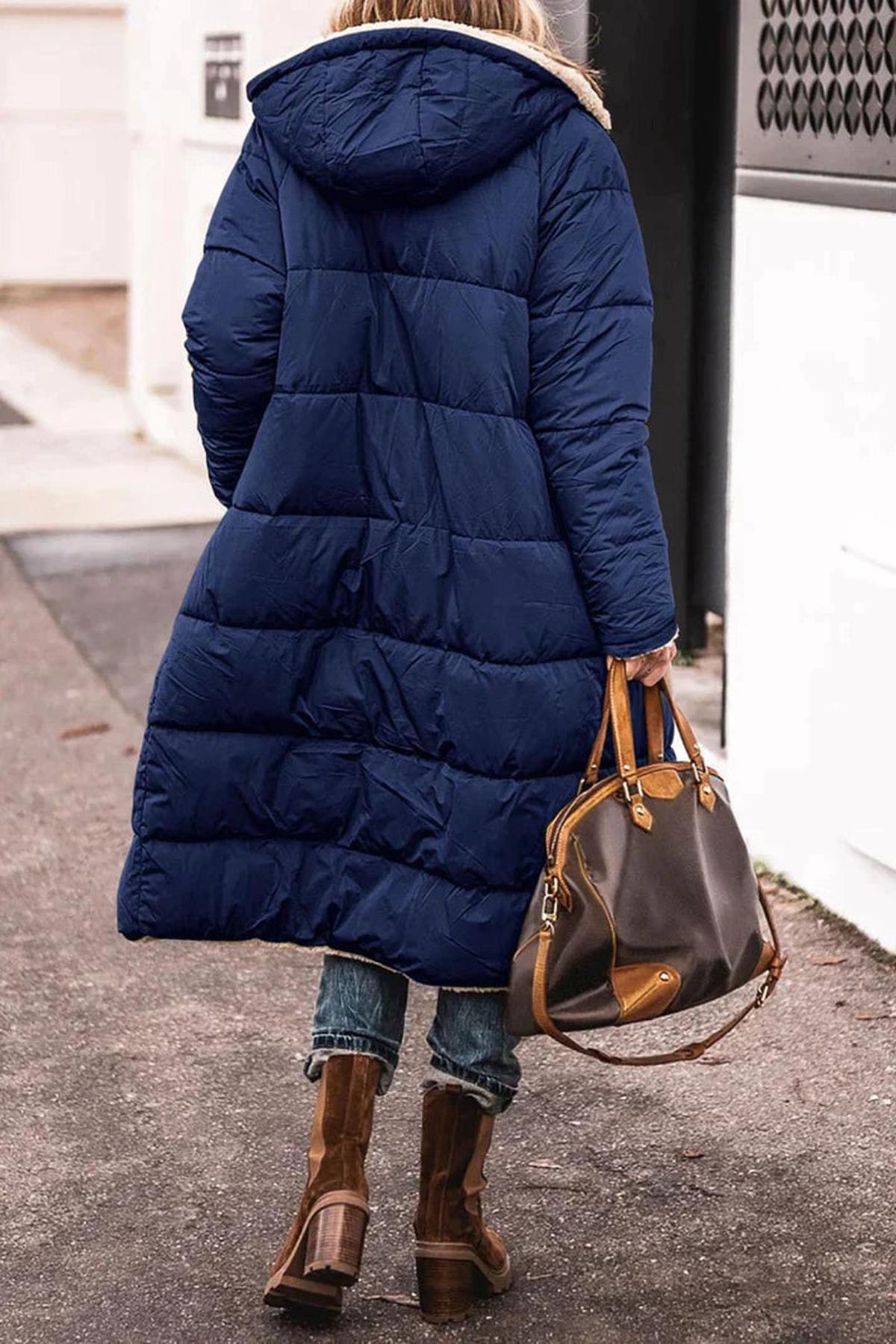 Women’s Reversible Long Quilted Fleece Winter Coat With Hood