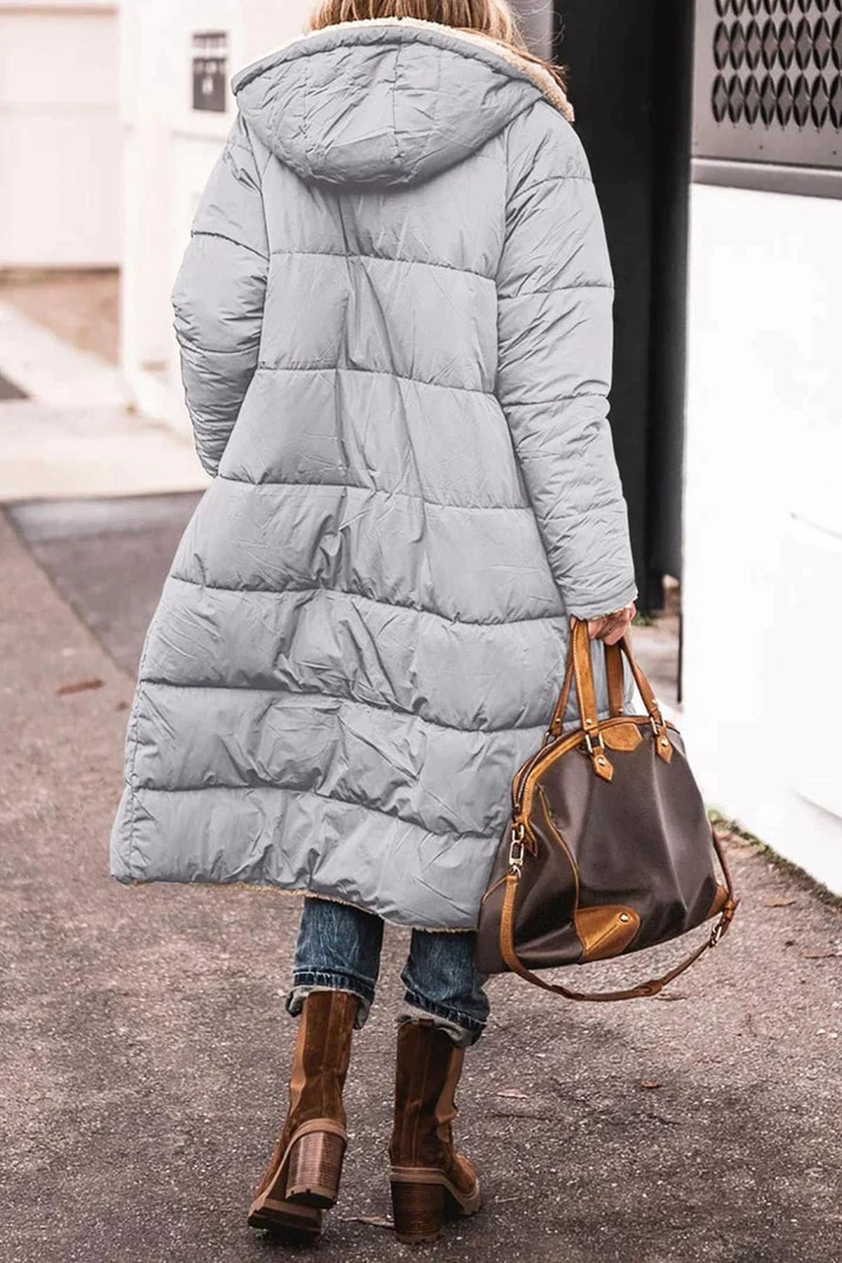 Women’s Reversible Long Quilted Fleece Winter Coat With Hood
