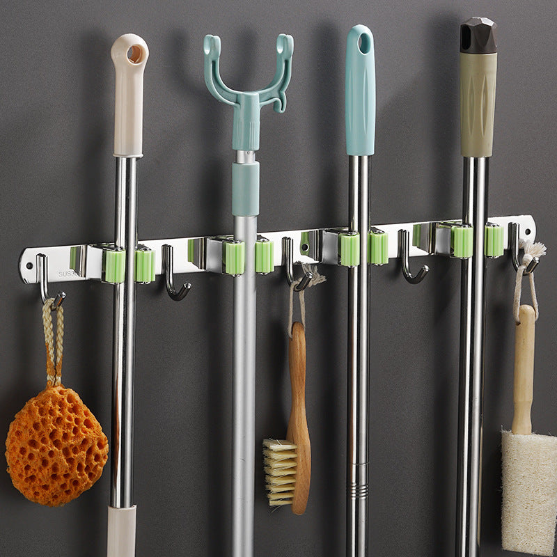 Wall Mounted Broom And Mop Holder Rack With Hooks
