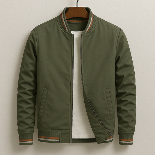 Men’s Lightweight Zip-Up Bomber Jacket with Striped Trim