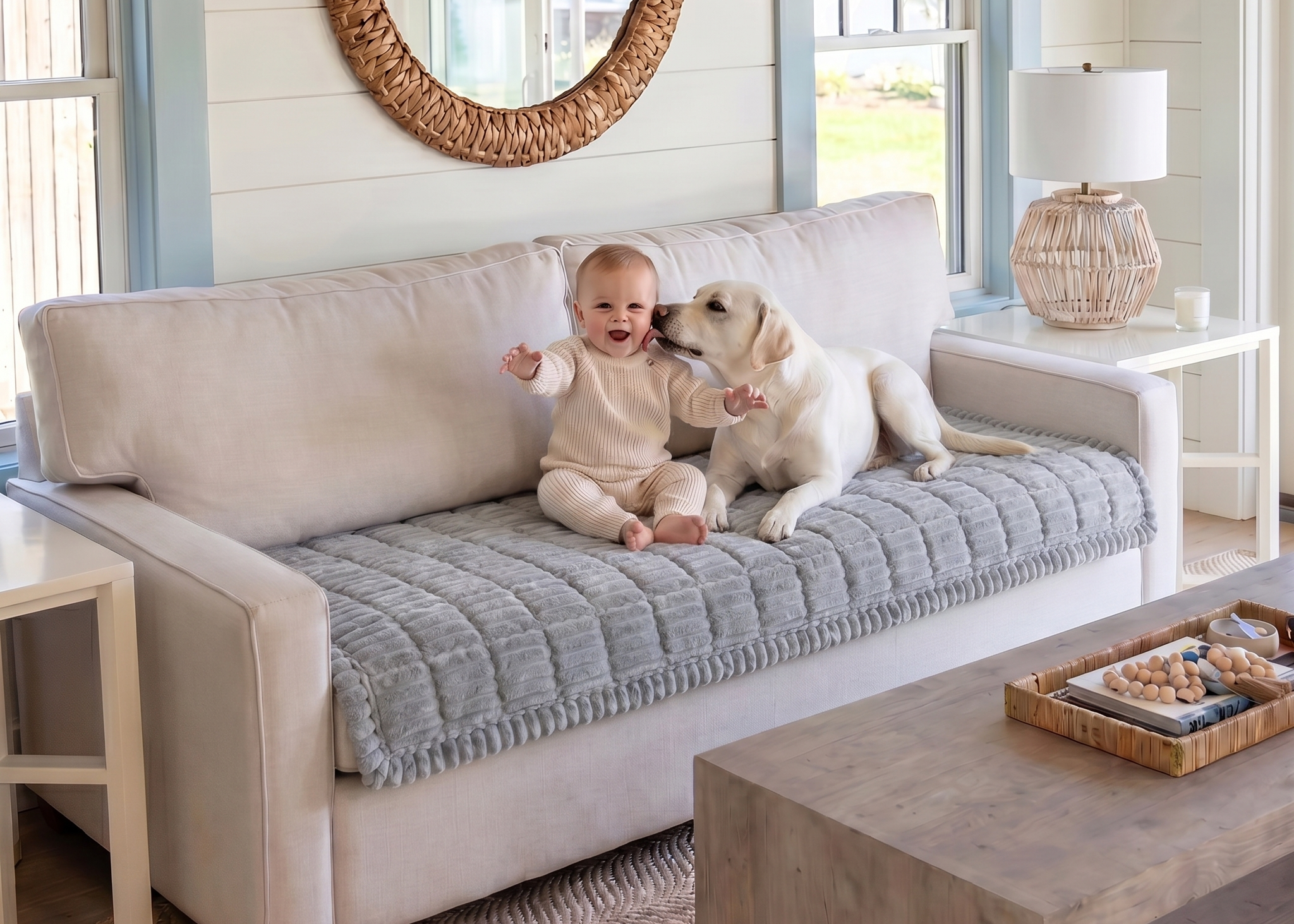 Baby sitting on a couch with a dog, surrounded by home decor elements.