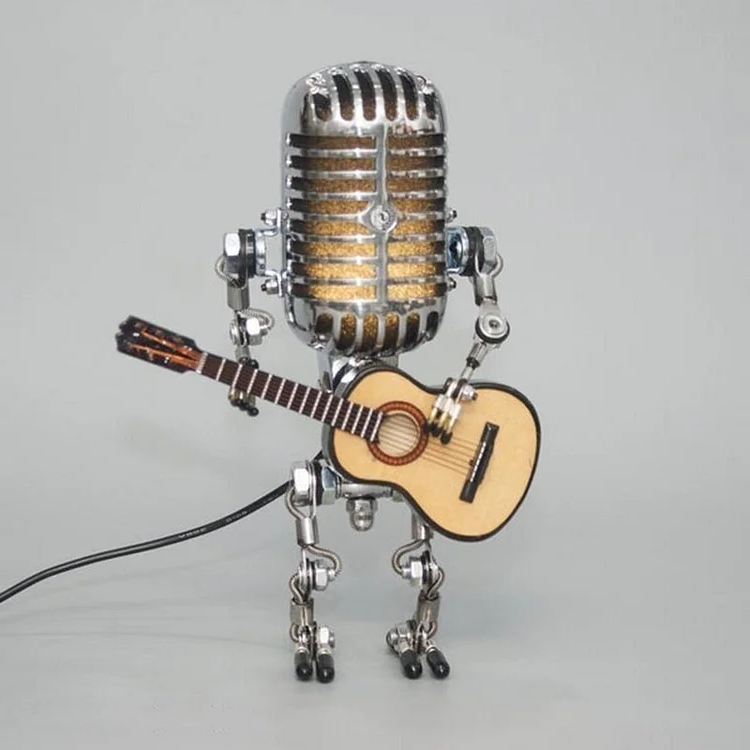 Vintage Metal Microphone Design Robot With Guitar Lamp