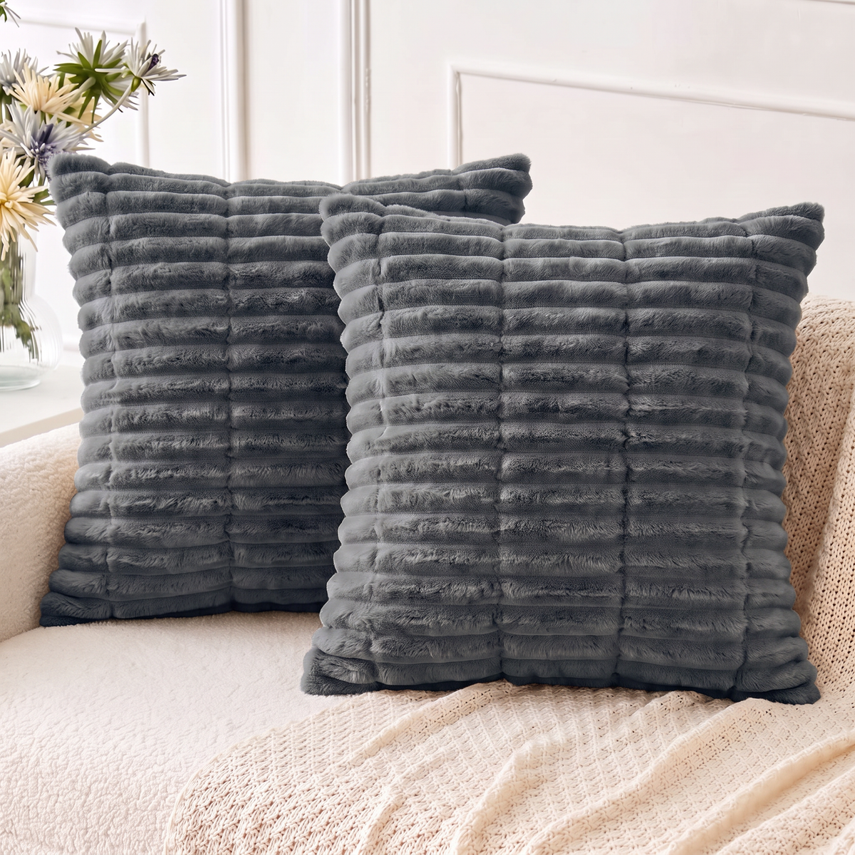 Plush Sofa Cushion Covers Pack of 2